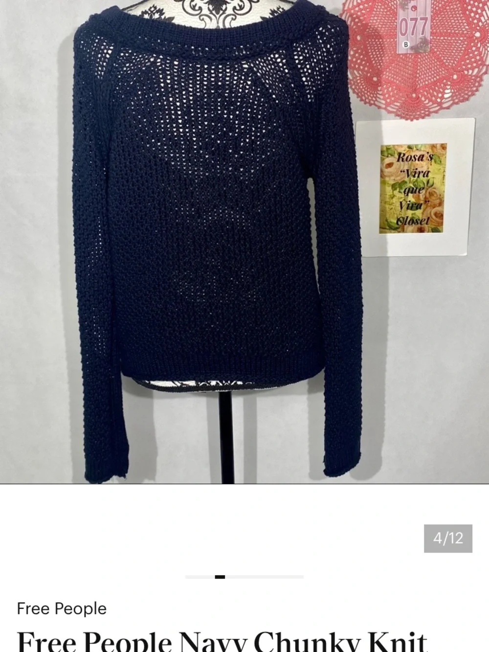 Free People Navy Chunky Knit Long Sleeve Sweater Open Stitch Small
